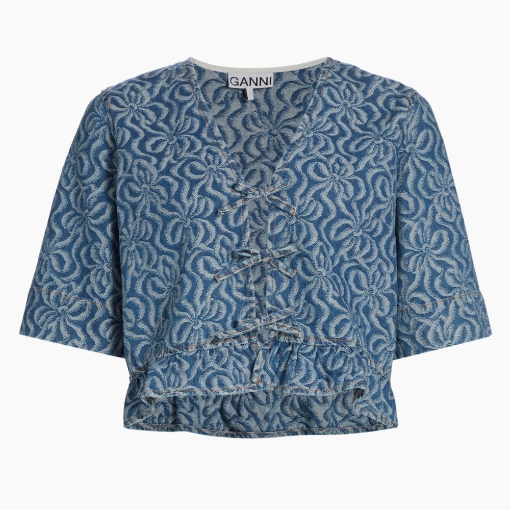 NWT Ganni Jacquard Denim Tie-Front Blouse